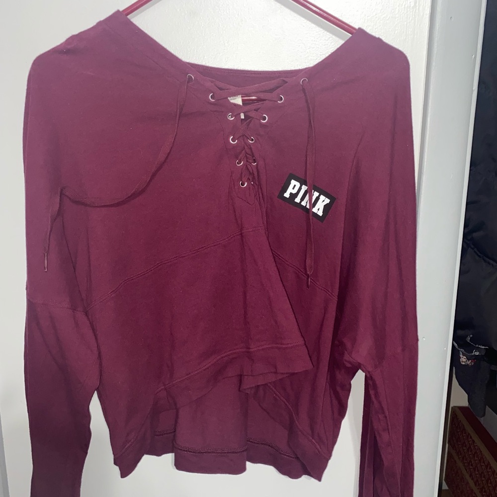 Maroon lace up long sleeve crop top - Picture 2 of 2